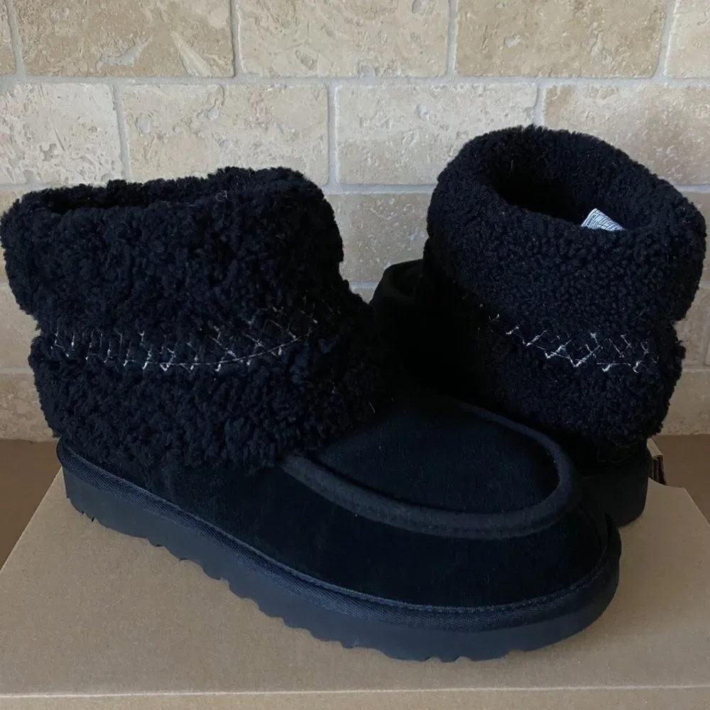 UGG BLACK MINI UGG BRAID SUEDE/ SHEEPSKIN WINTER BOOTS, WOMEN US 7/ EUR 38 NIB